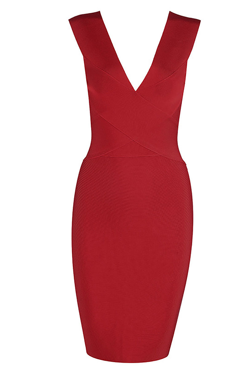 Burgundy Deep V-neck Sleeveless Bandage Dress