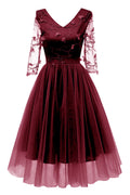 Burgundy V-neck A-line Applique Prom Dress With Long Sleeves