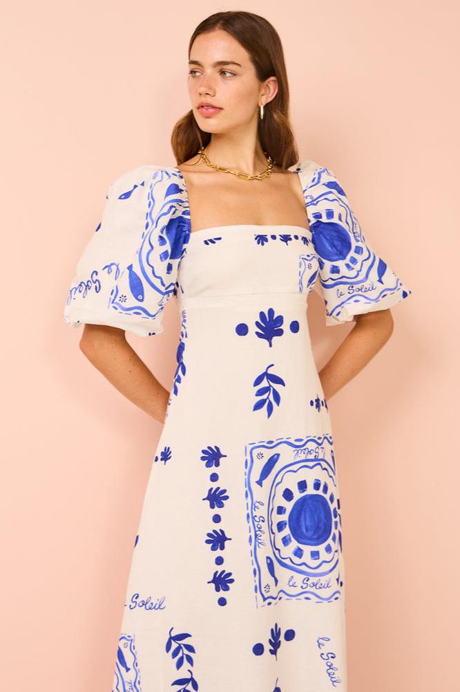 Mediterranean Puff Sleeve Midi Dress