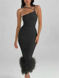 Elegant Feather Hem Sleeveless Party Club Asymmetrical Strap Midi Dress