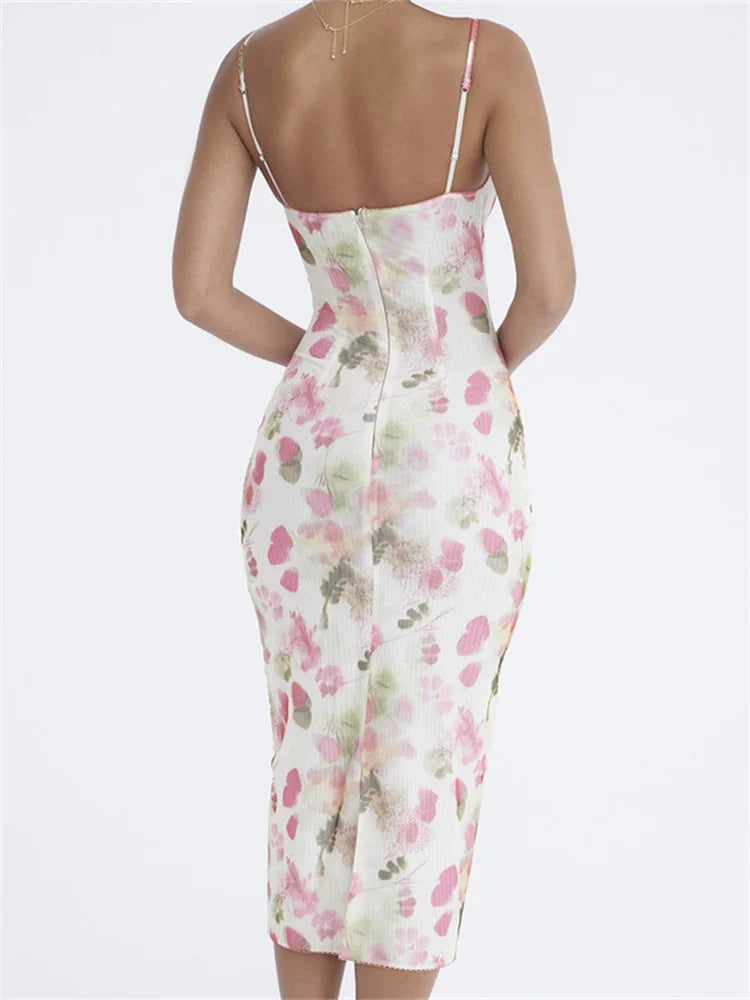 Sleeveless Strap Sling VNeck Floral Print Slim Cocktail Party Midi Dress