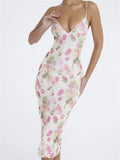 Sleeveless Strap Sling VNeck Floral Print Slim Cocktail Party Midi Dress