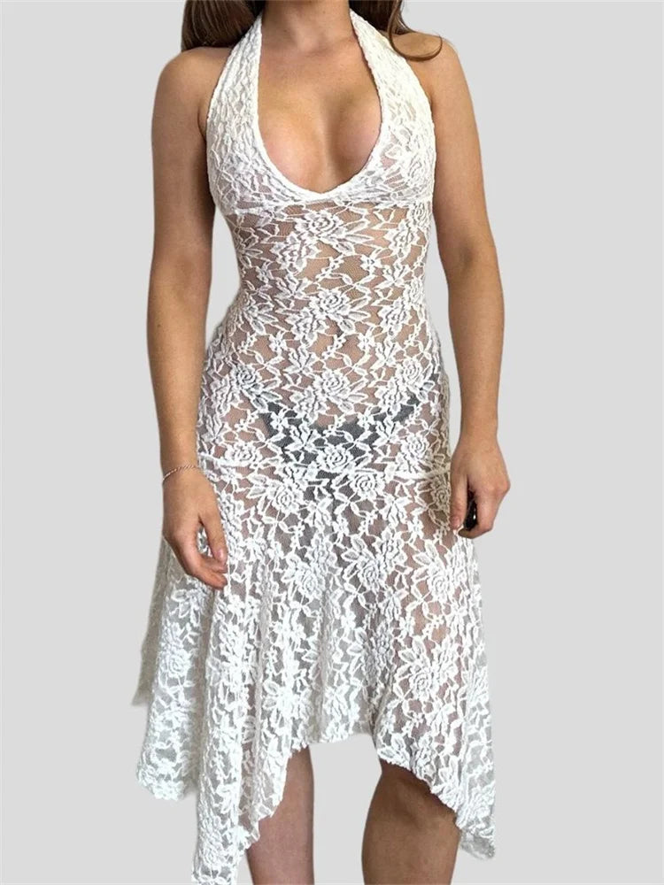 SeeThrough Party Halter Backless Off Shoulder Irregular Hem Midi Dress
