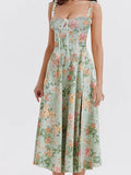 Ruched Sleeveless Strap Square Neck LaceUp High Split Midi Dress