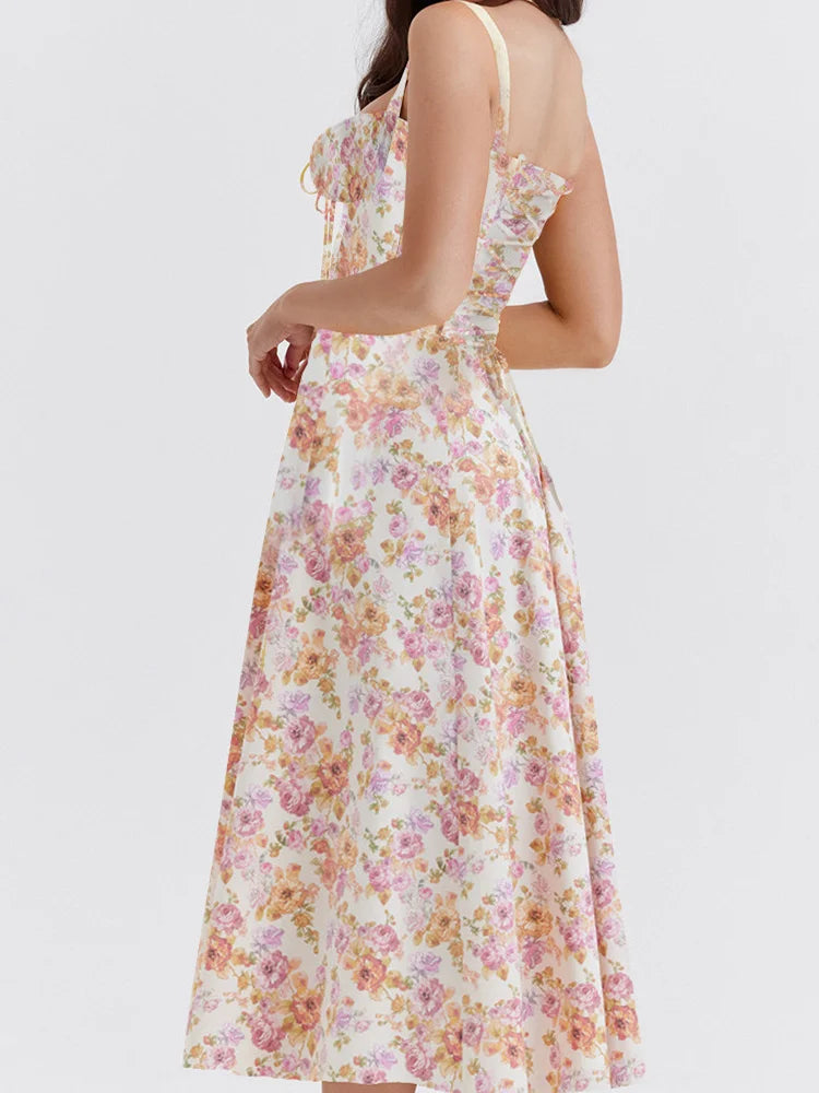 Ruched Sleeveless Strap Square Neck LaceUp High Split Midi Dress