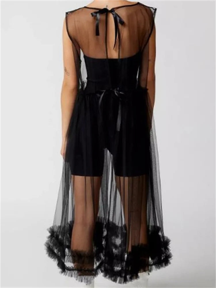 Sheer SeeThrough Solid Color Crew Neck Ruffles Sleeveless Midi Dress