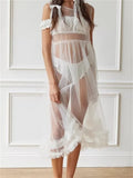 Sheer SeeThrough Solid Color Crew Neck Ruffles Sleeveless Midi Dress