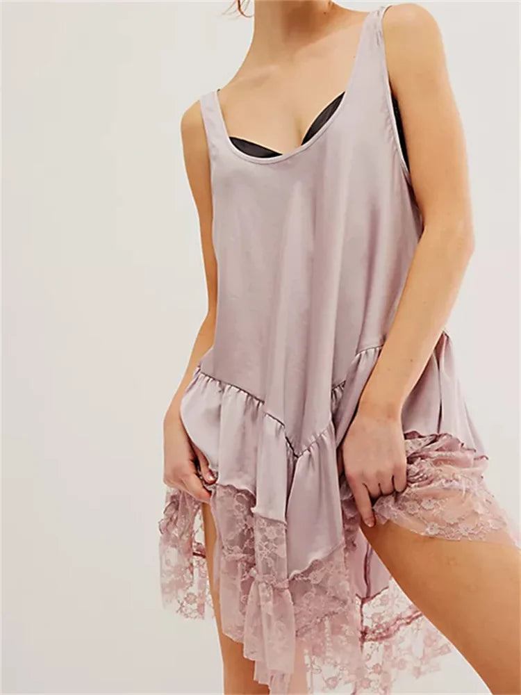 Low Cut Lace Patchwork Mini Dresses