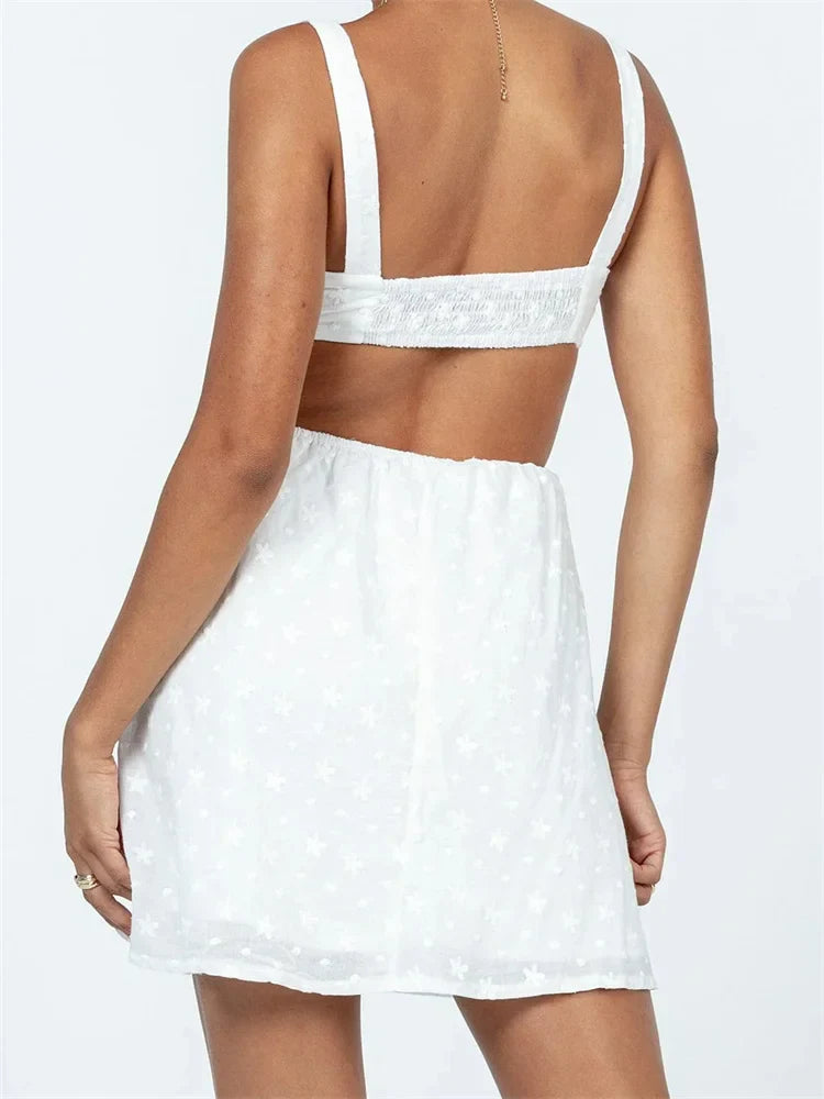 VNeck Sleeveless Backless Hollow Out Lace Mini Dresses
