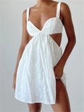 VNeck Sleeveless Backless Hollow Out Lace Mini Dresses