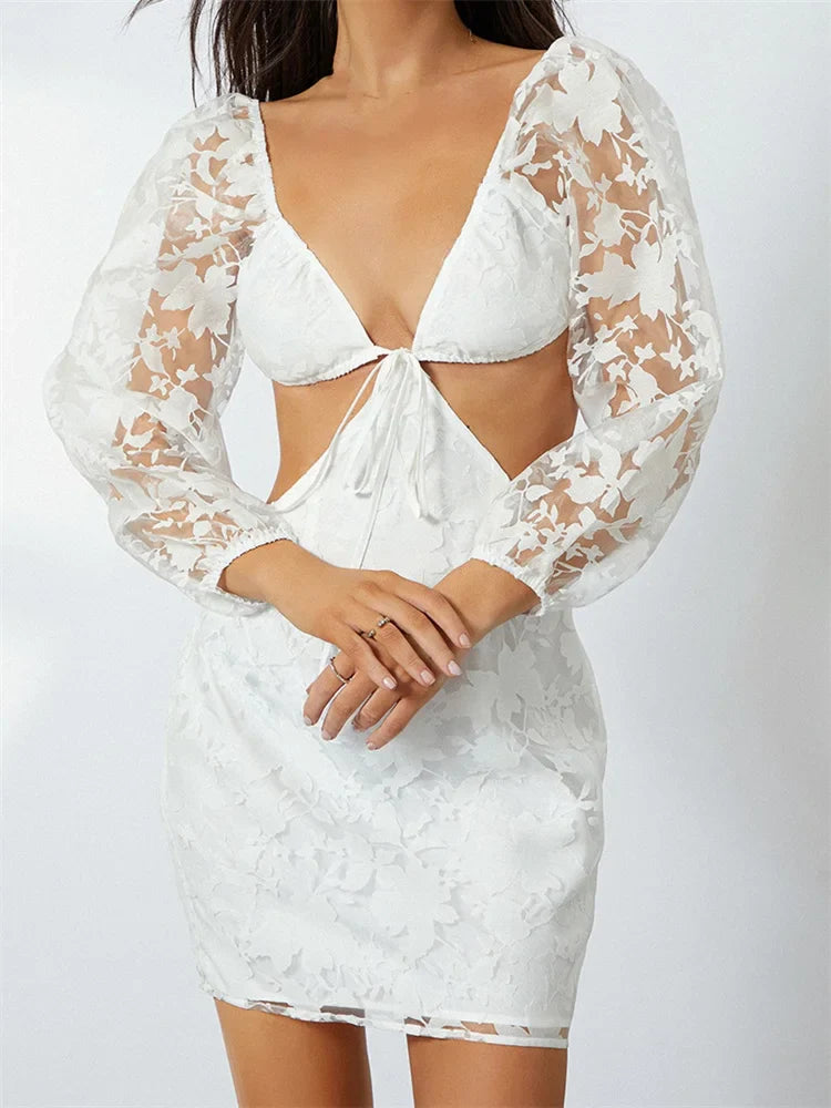 Long Sleeve V Neck Tieup Backless Floral See Through Mini Dresses