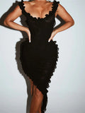 Ruffles Deep Vneck Asymmetrical Hem Party Mini Dresses