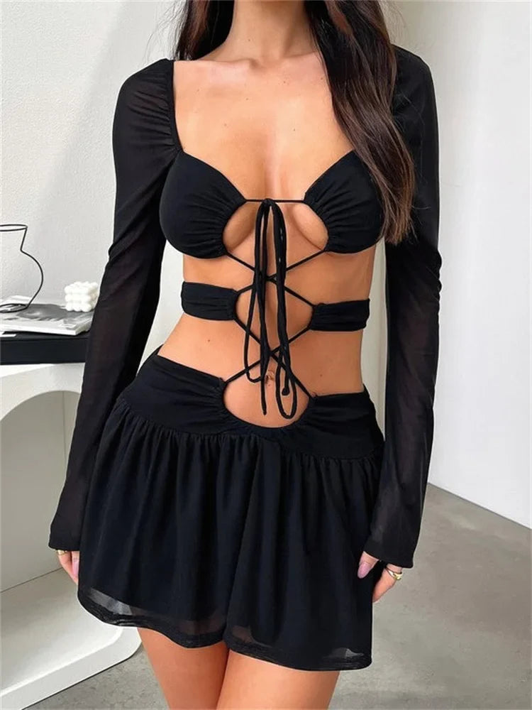 Solid CrissCross TieUp Long Sleeve Mini Dresses
