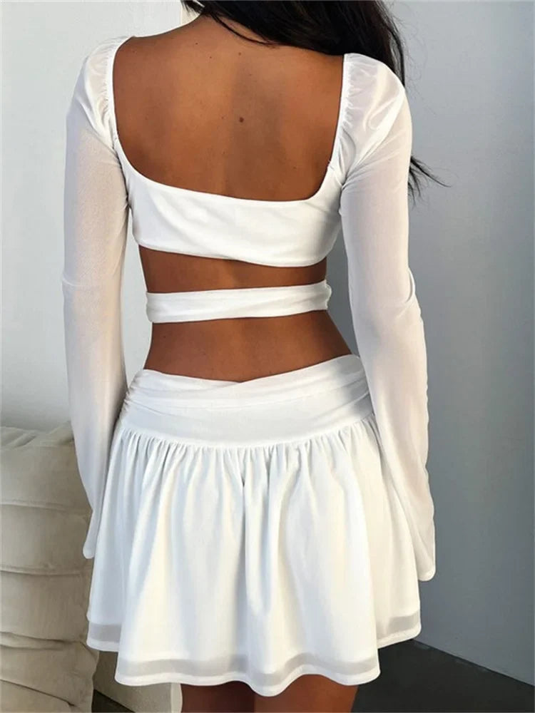 Solid CrissCross TieUp Long Sleeve Mini Dresses