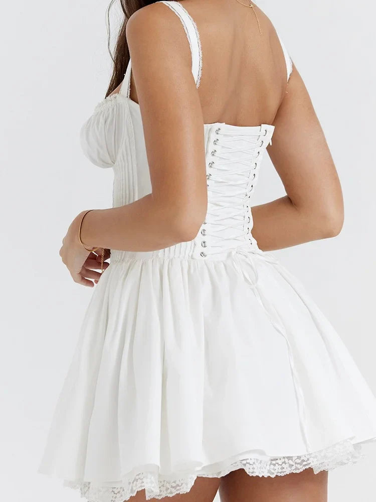 Lace Floral Square Neck Tieup Mini Dresses