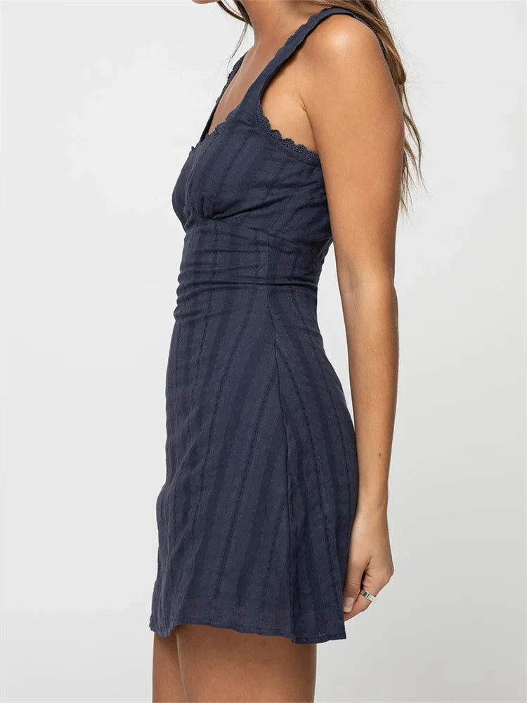 Lace Trim Aline Solid Color Square Neck Mini Dresses