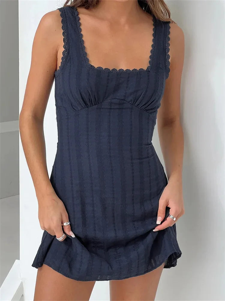 Lace Trim Aline Solid Color Square Neck Mini Dresses