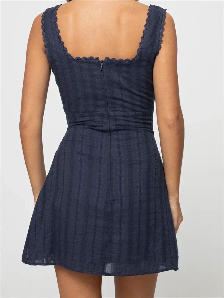 Lace Trim Aline Solid Color Square Neck Mini Dresses