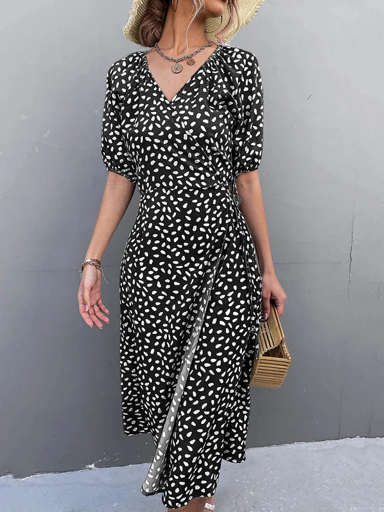 Casual Chiffon Side Wrap Polka Dot Puff Aline Split Midi Dresses