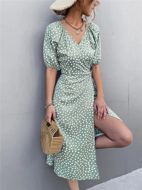 Casual Chiffon Side Wrap Polka Dot Puff Aline Split Midi Dresses