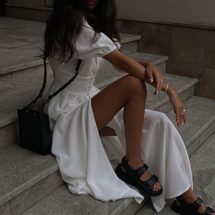 Casual Dress Puff Sleeve Waist Slimming Elegant Slim Fit Dress