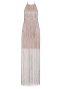Champagne Backless Tassel Overlay Halter Party Dress - Mislish