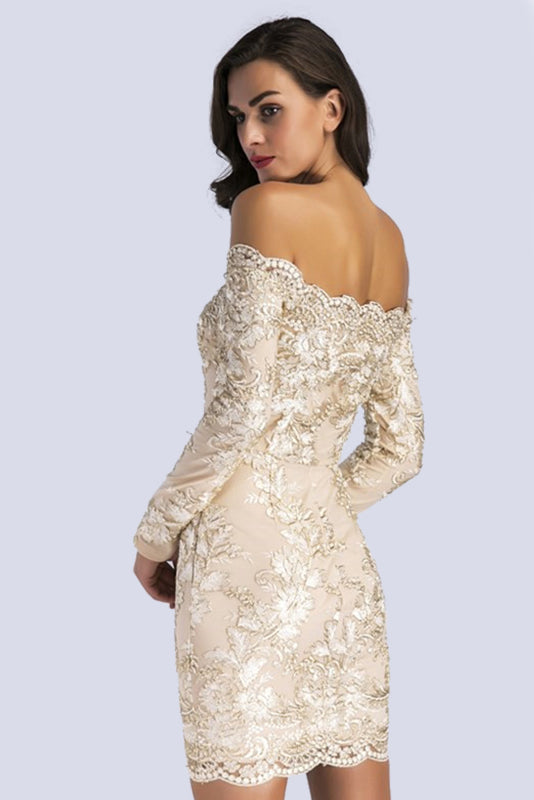 Champagne Off-the-shoulder  Embroidered Long-sleeved Bodycon Dress