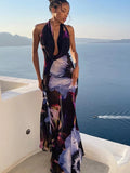 Sexy Low Back Halter Neck Floral Print Mesh Maxi Dress