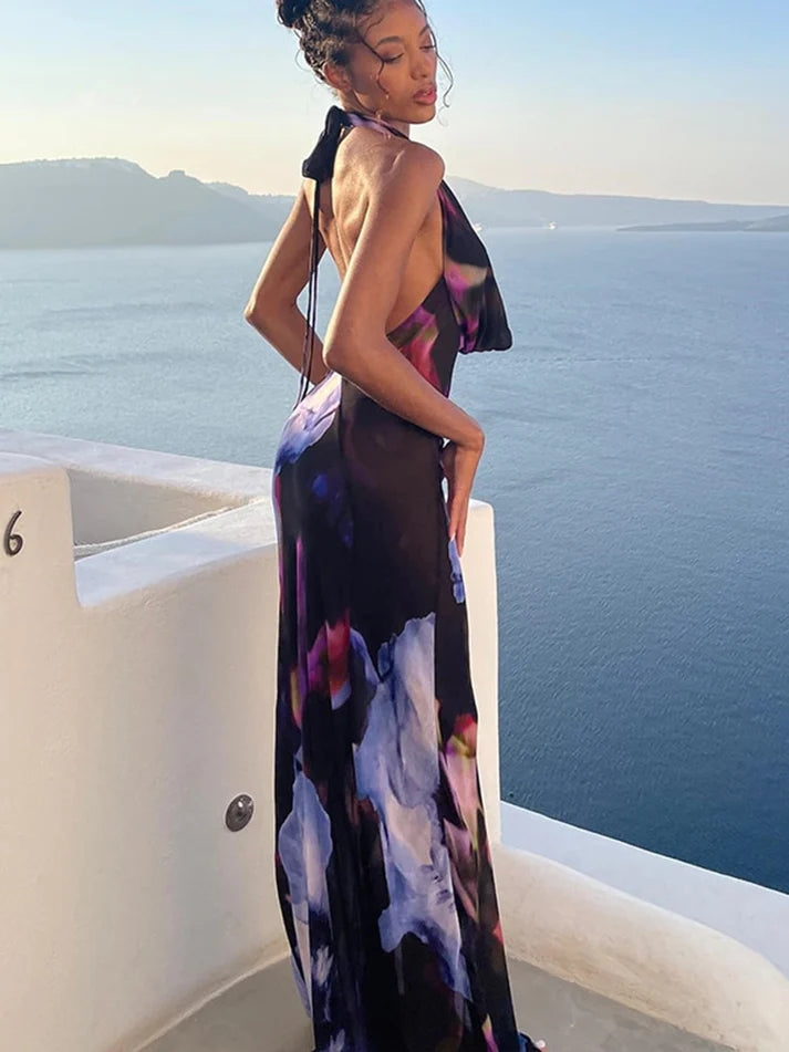 Sexy Low Back Halter Neck Floral Print Mesh Maxi Dress