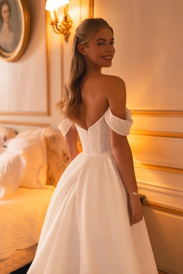 Off Shoulder Glitter A Line Wedding Dress Sleeveless Princess Bride Dresses Split Long Bridal Gown Vestido De Noiva