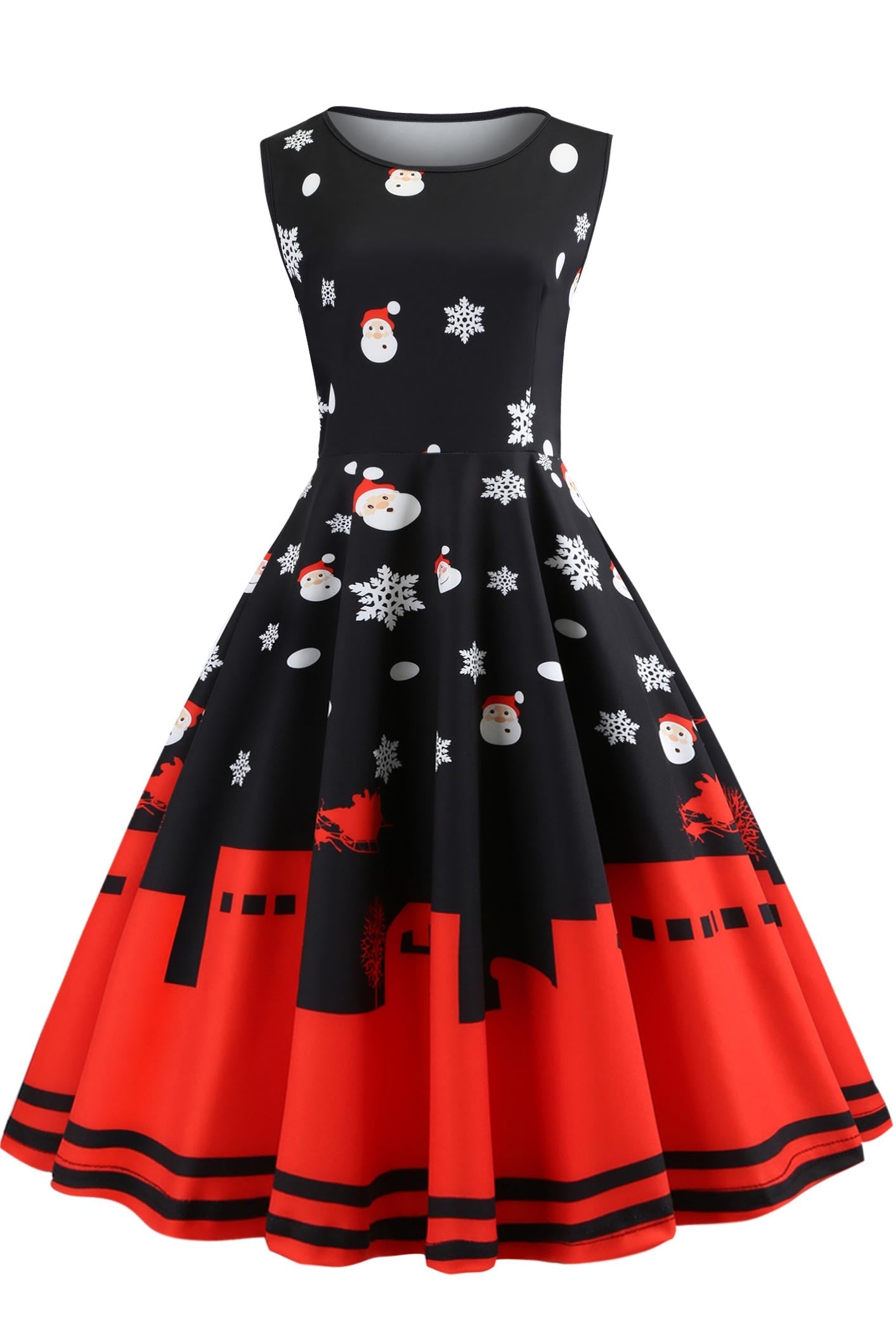 Christmas Vintage Printed Sleeveless Dress - Mislish