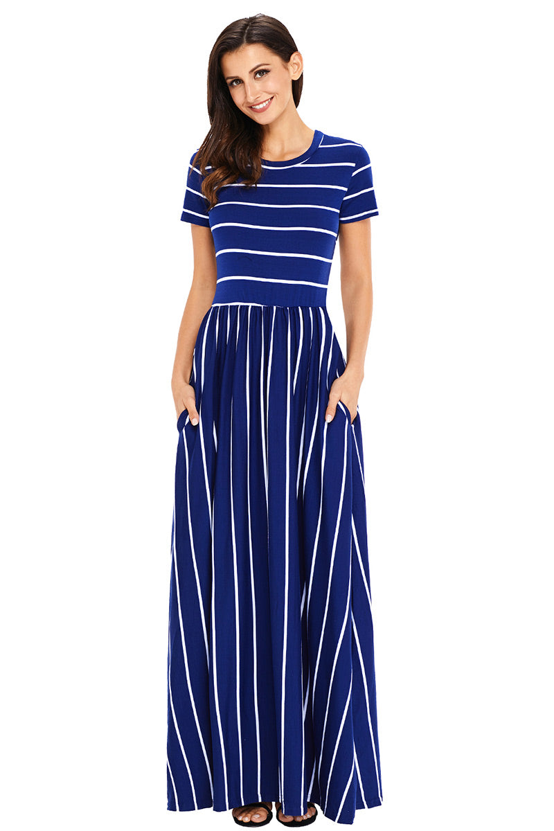 Classic Striped High Waist Dress With Pockets - Mislish