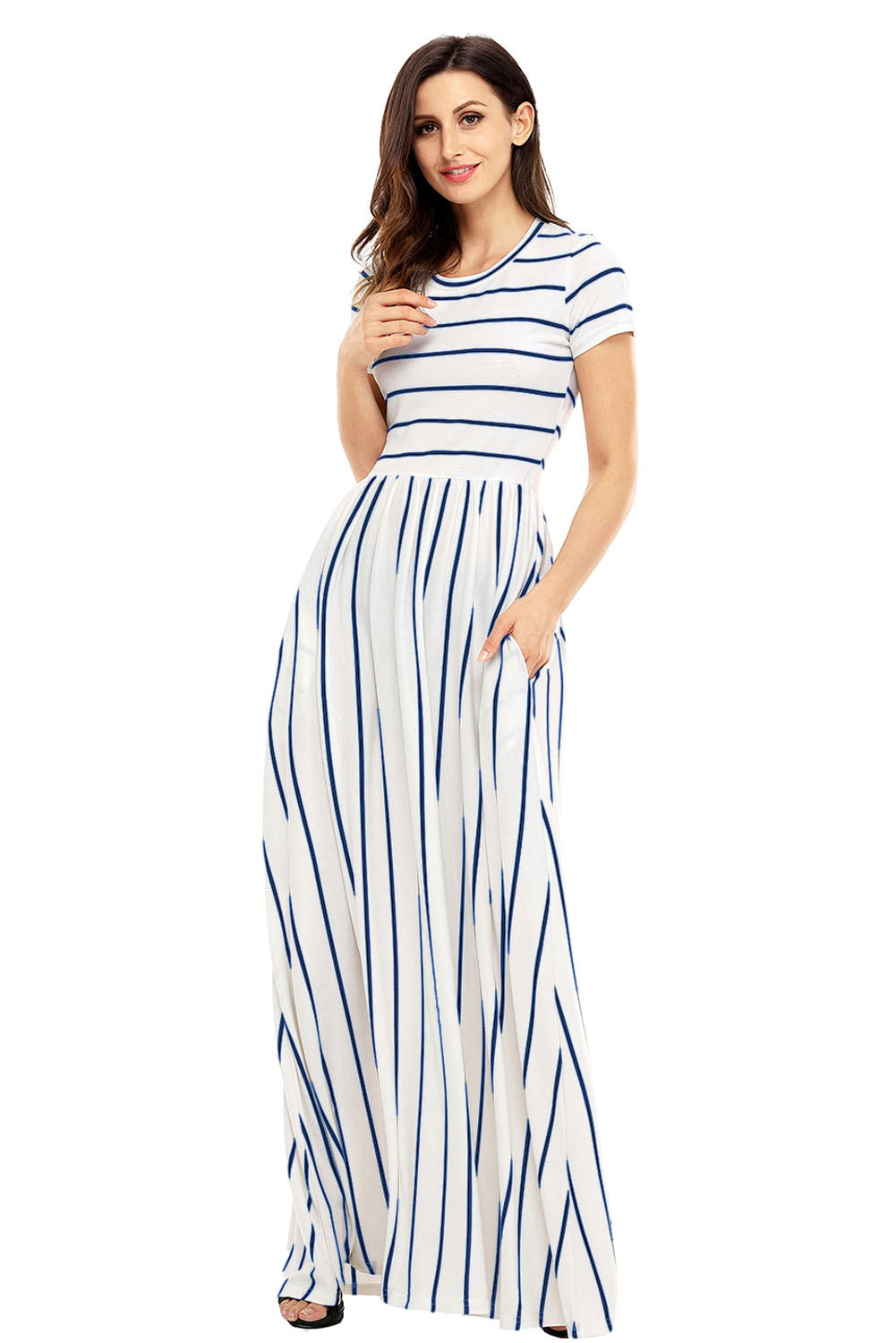 Classic Striped High Waist Dress With Pockets - Mislish