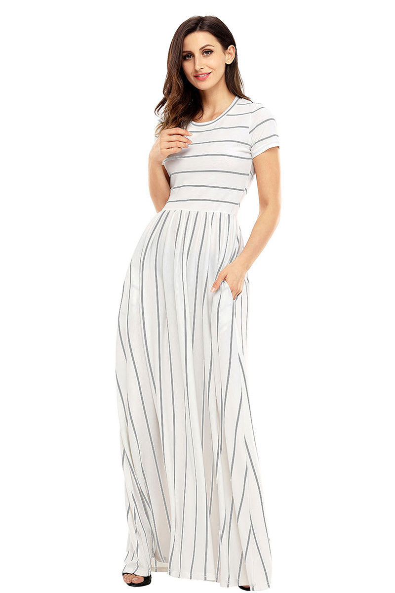 Classic Striped High Waist Dress With Pockets - Mislish