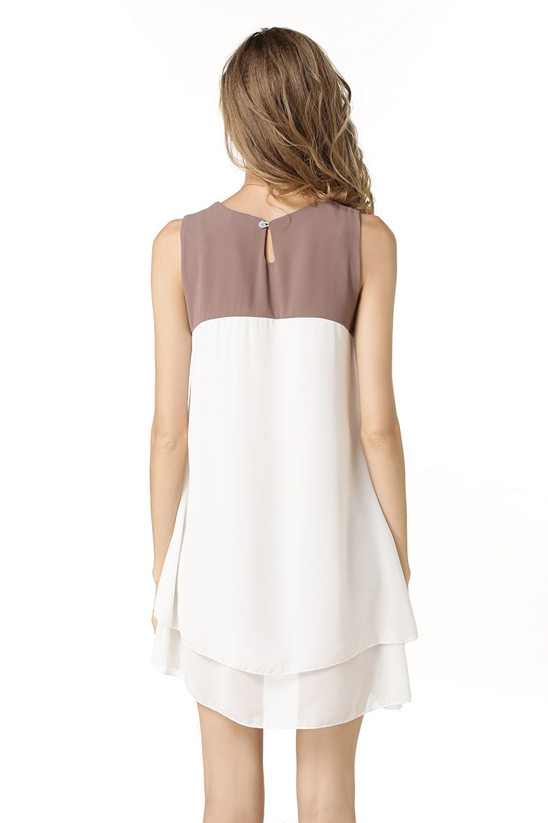 Color-block Asymmetrical Hem Sleeveless Chiffon Dress