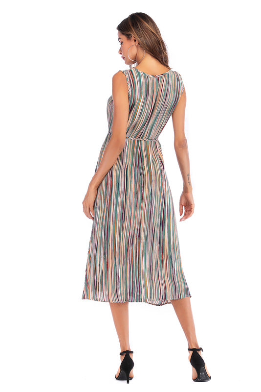 Colorful Striped Lace-up Sleeveless Long Dress