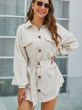 Cord Front Pockets Self Waist Tie Shirt Dress