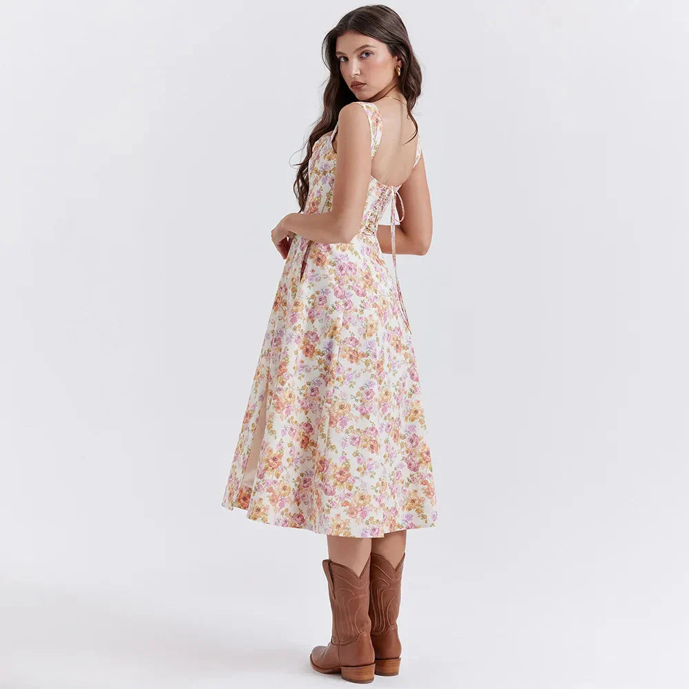 Cottagecore Floral Corset Midi Dress