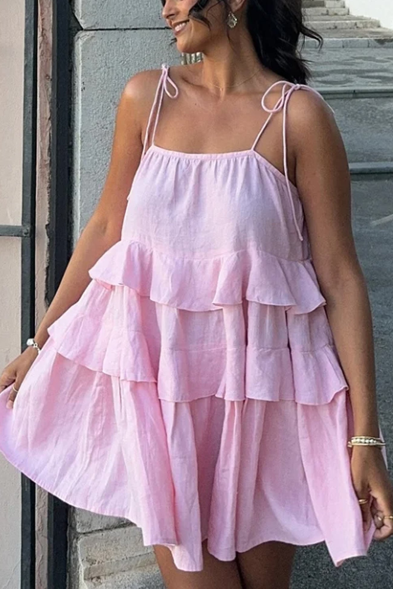 Cotton Tie straps Tiered Cami Babydoll Dress