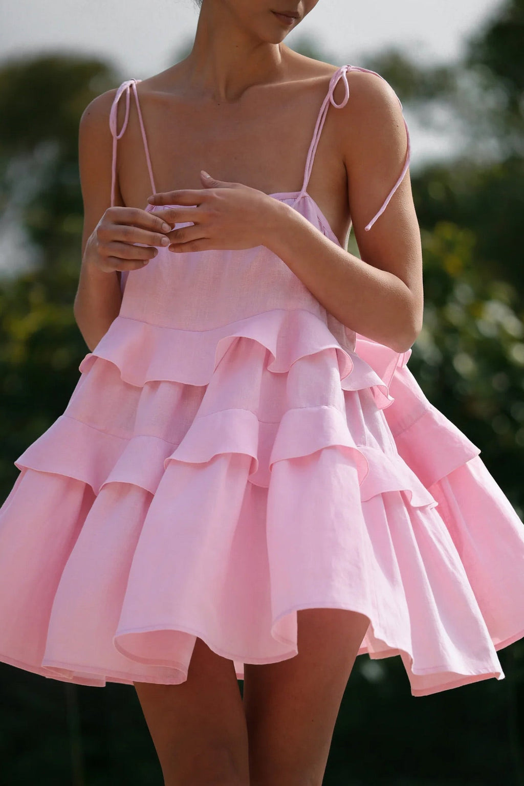 Cotton Tie straps Tiered Cami Babydoll Dress