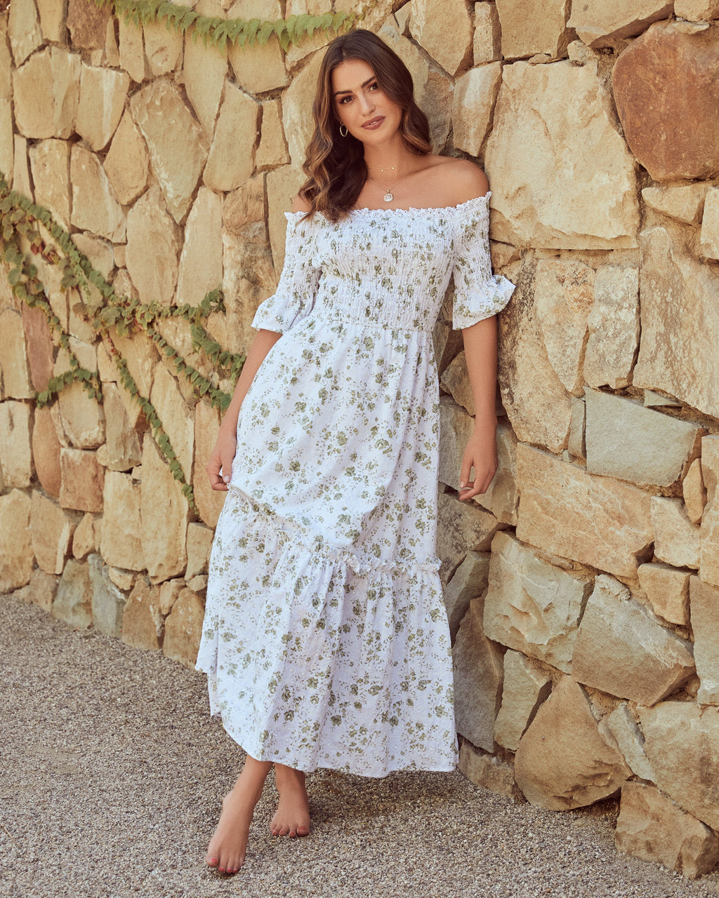 Dasha Cotton Floral Off The Shoulder Maxi Dress Sage FINAL