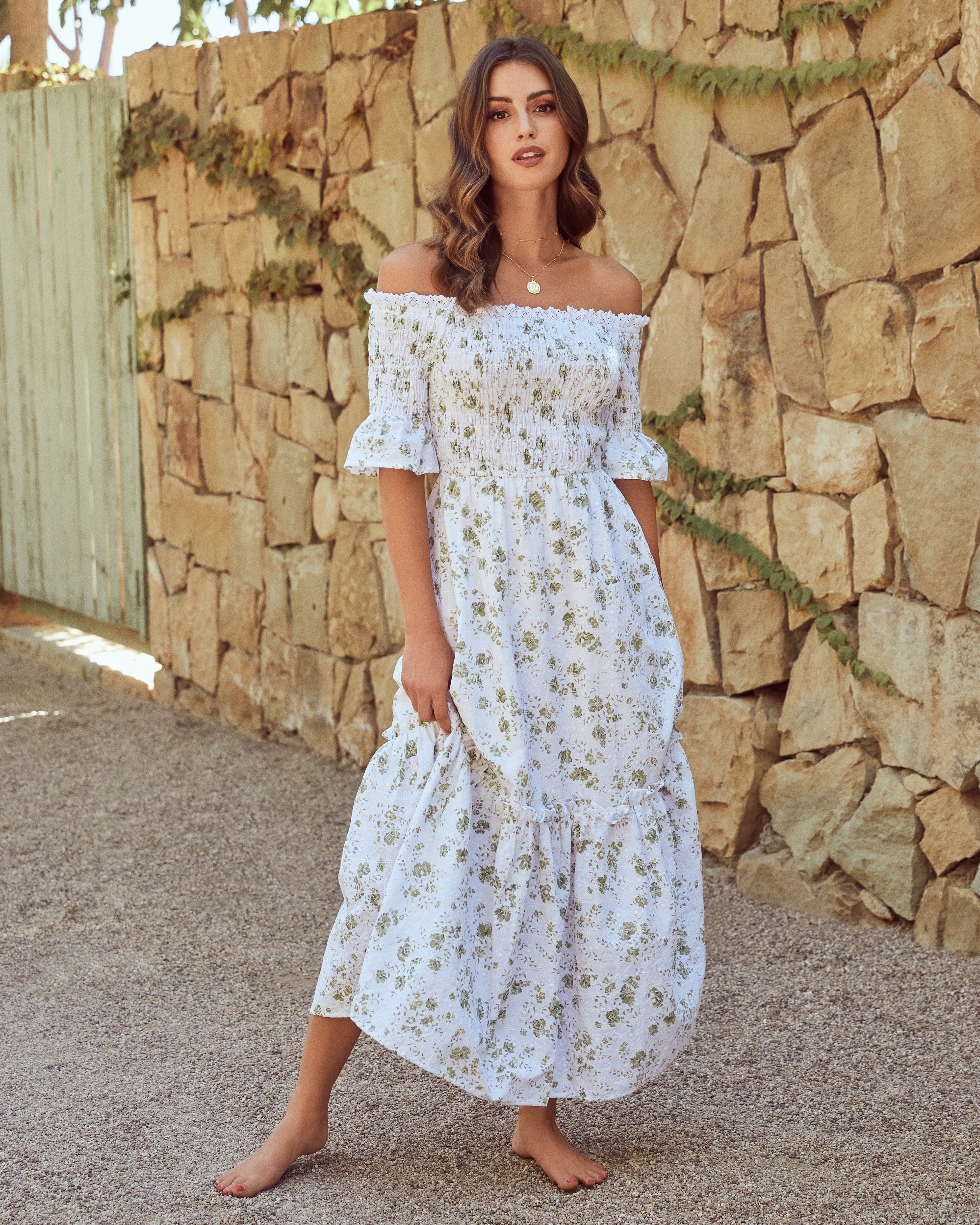 Dasha Cotton Floral Off The Shoulder Maxi Dress Sage FINAL