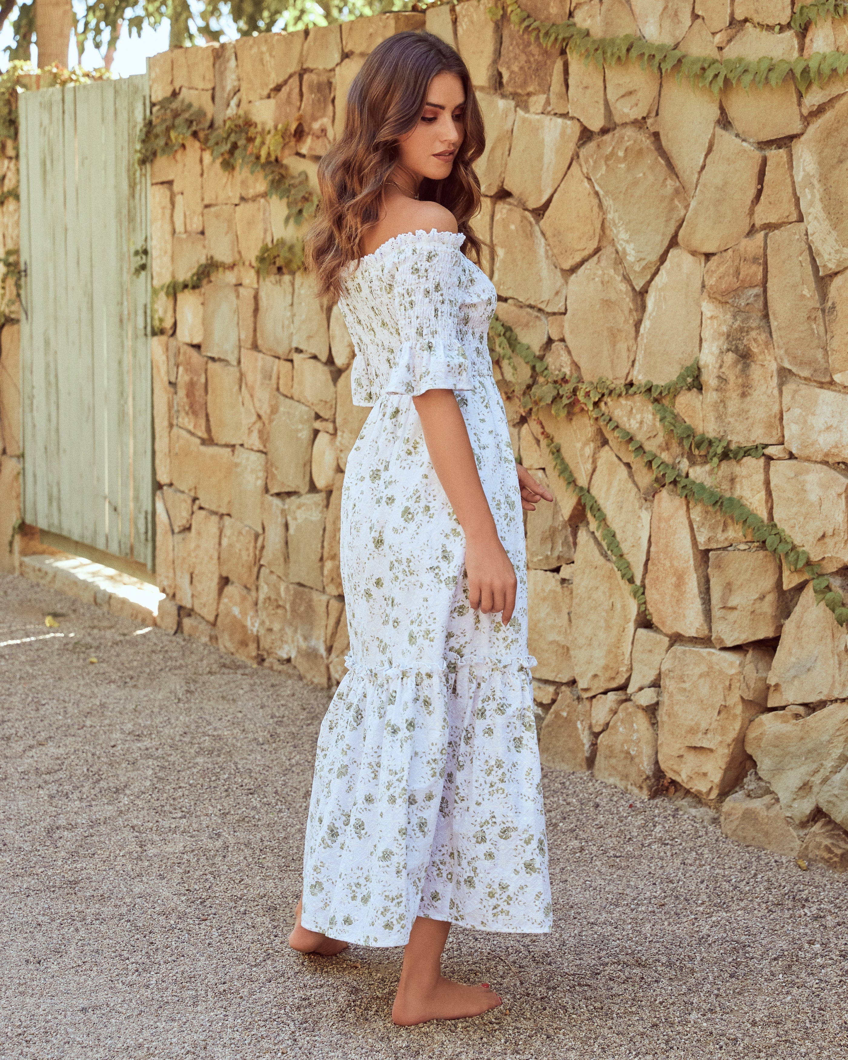 Dasha Cotton Floral Off The Shoulder Maxi Dress Sage FINAL