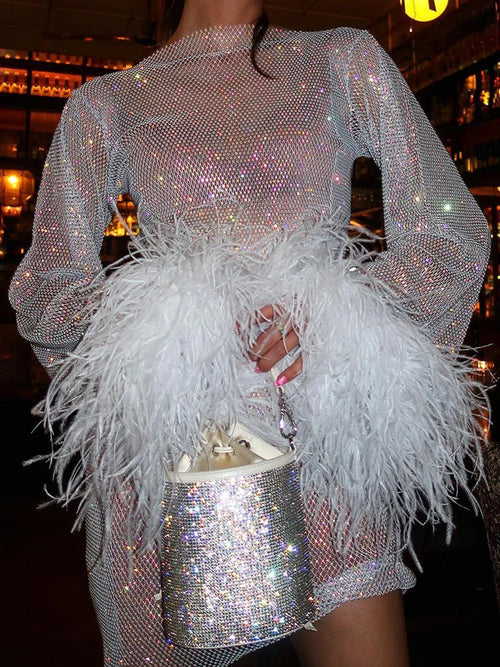 Brienne Metallic Sheer Cuff Feather Mini Dress
