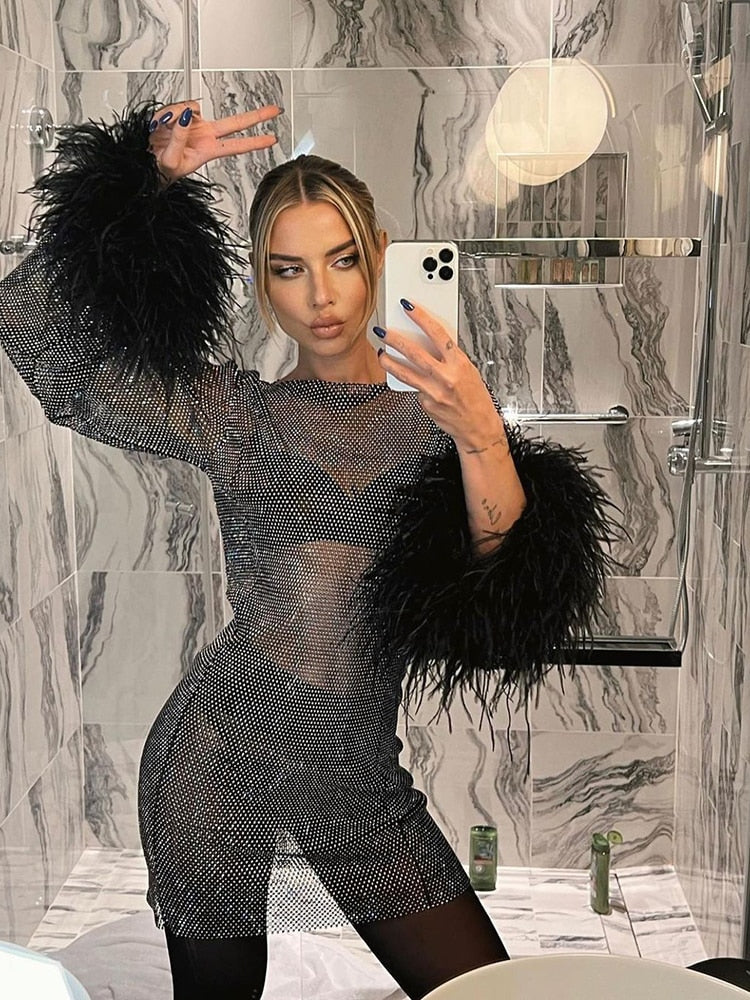 Mila Metallic Sheer Cuff Feather Mini Dress