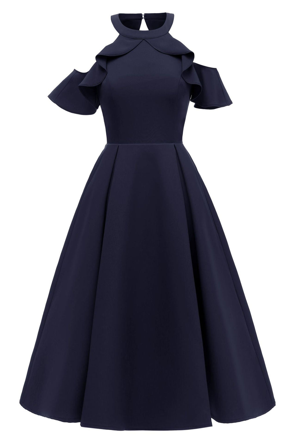 Dark Navy Fit And Flare Ruffled Off-the-shoulder Homecoming Dress
