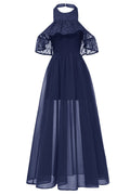 Burgundy High Low Halter Chiffon Long Prom Dress - Mislish