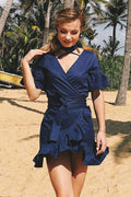 Dark Navy V Neck Lace-up Ruffle Hem Wrap Dress - Mislish