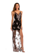 Deep V-Neck Sequined Slit See-through Long Dress - Mislish
