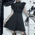 Gothic Ruffled Mesh Splicing A Line Black Dress